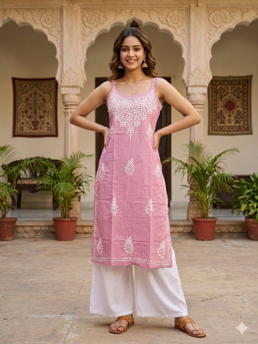 Rayon Chikankari Sleeveless Medium Length kurti Top