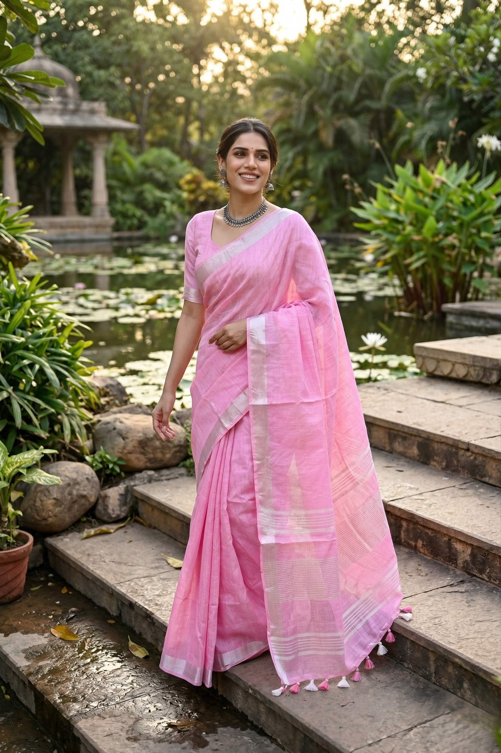Pink Linen Saree With Silver Border & Pink and white Tassels