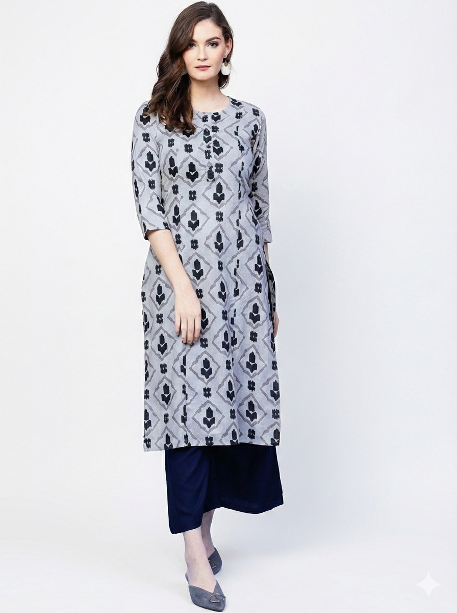 Grey Blue Printed Cotton Kurti Palazo Set (S to 4XL)
