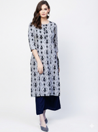 Grey Blue Printed Cotton Kurti Palazo Set (S to 4XL)