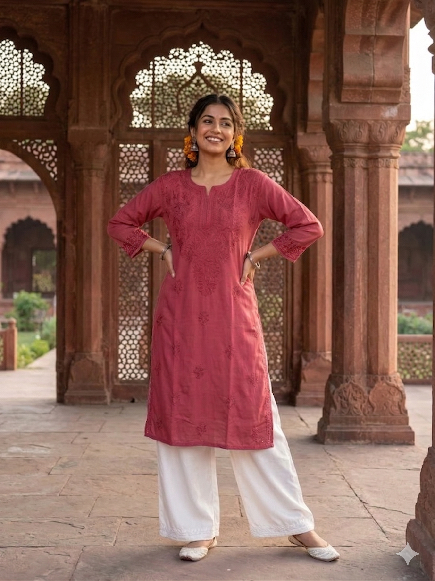 Rayon  Hand Embroidered Chikankari Medium Length kurti Top