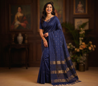 Tusser Mulberry Silk Handloom Saree with Silver & Gold  Zari weave