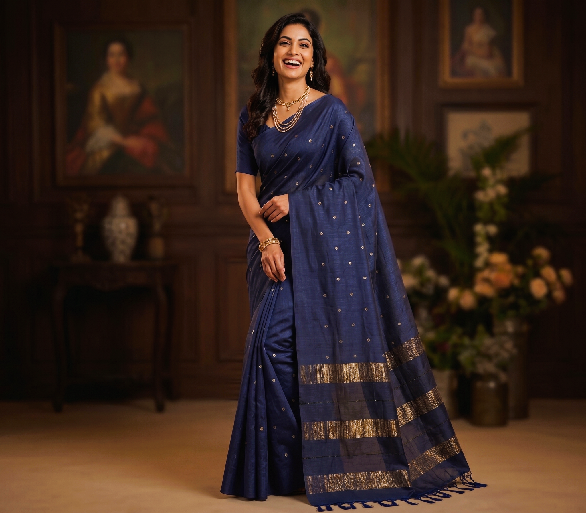 Tusser Mulberry Silk Handloom Saree with Silver & Gold  Zari weave