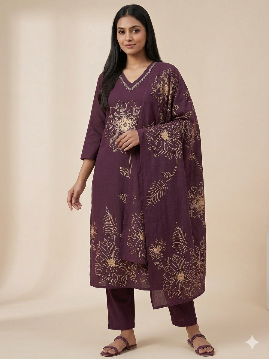 Printed Embroidered Cotton Kurti  Pants Set with Dupatta