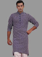 Blue White Embroidered Cotton kurta for Men (Top Only)