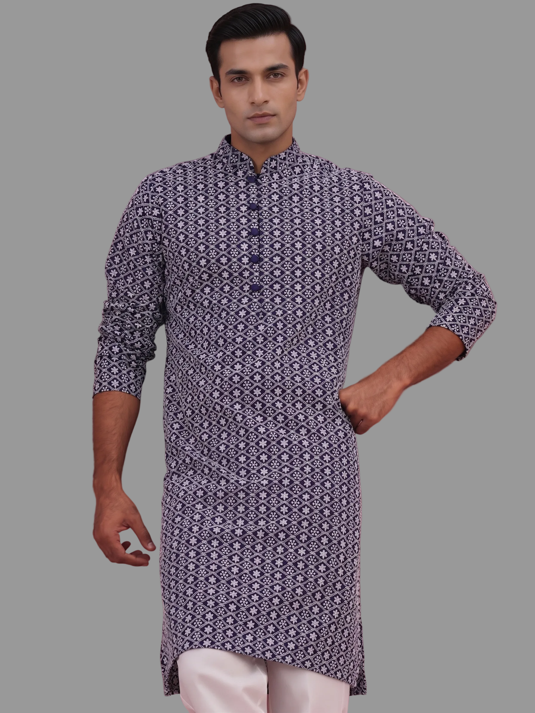 Blue White Embroidered Cotton kurta for Men (Top Only)
