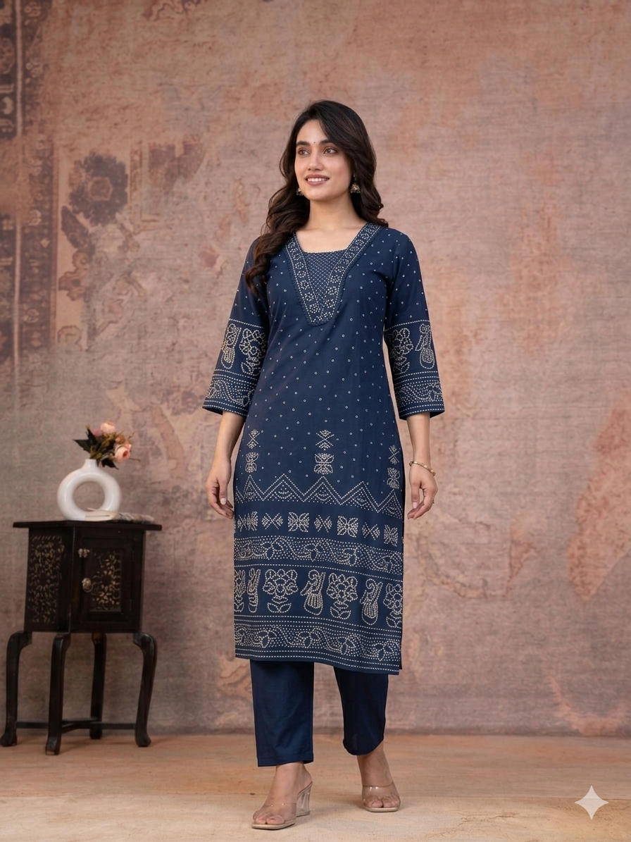 Navy Blue white  Printed Embroidered Cotton 3pc Kurti Set