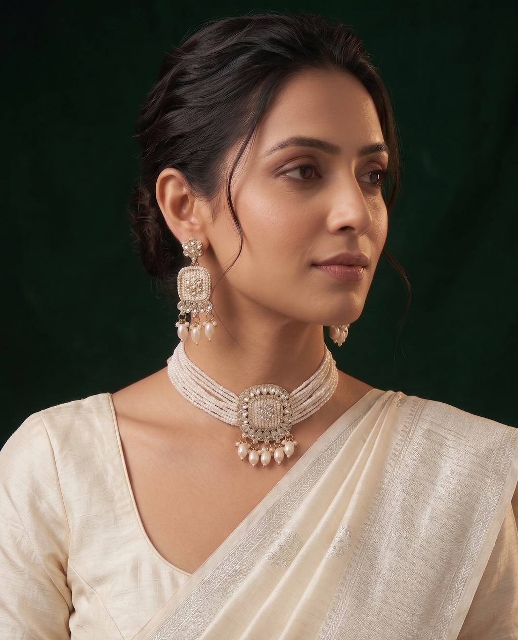 Pearl Layered Chocker Necklace Set with Matching Earrings for Women