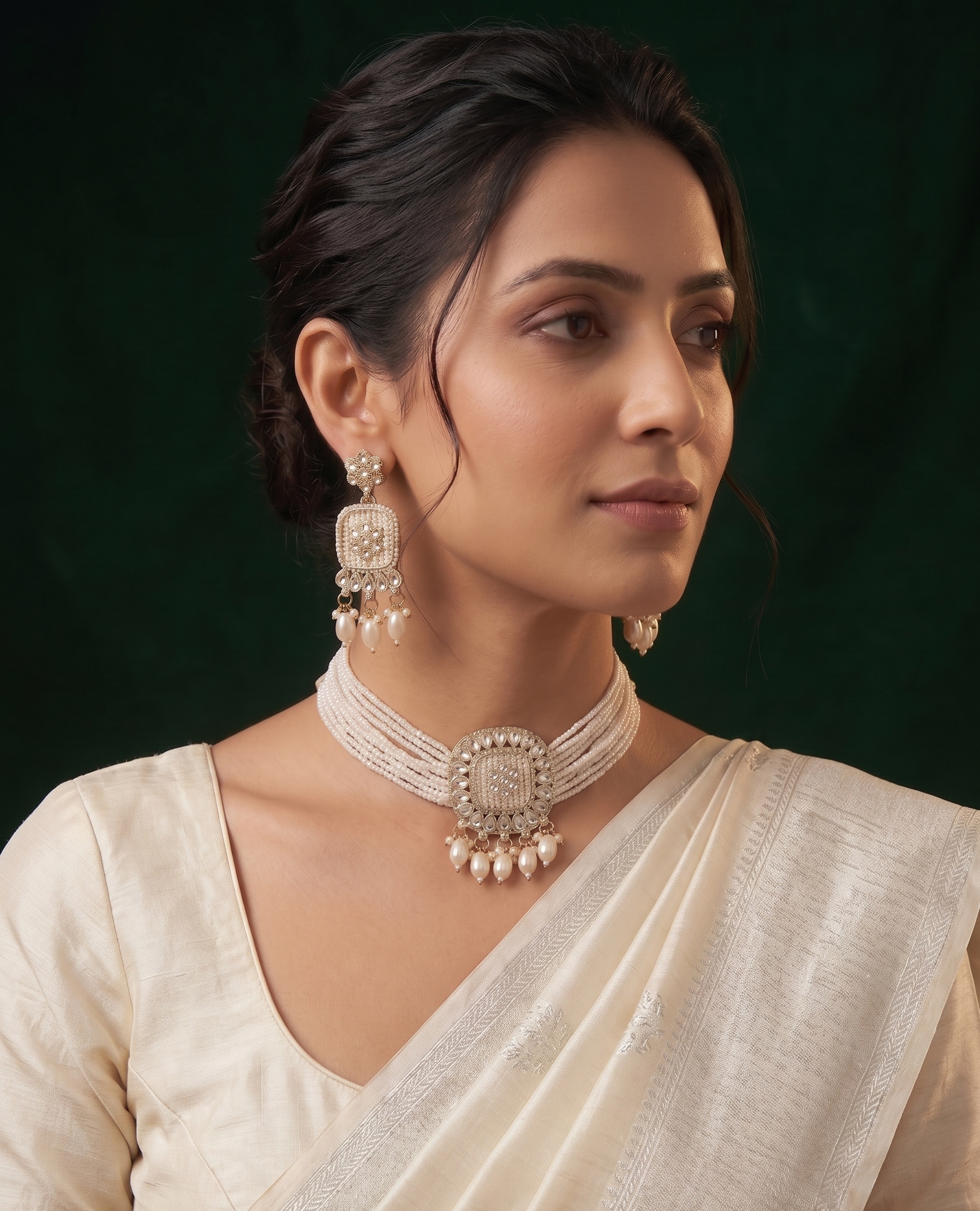 Pearl Layered Chocker Necklace Set with Matching Earrings for Women