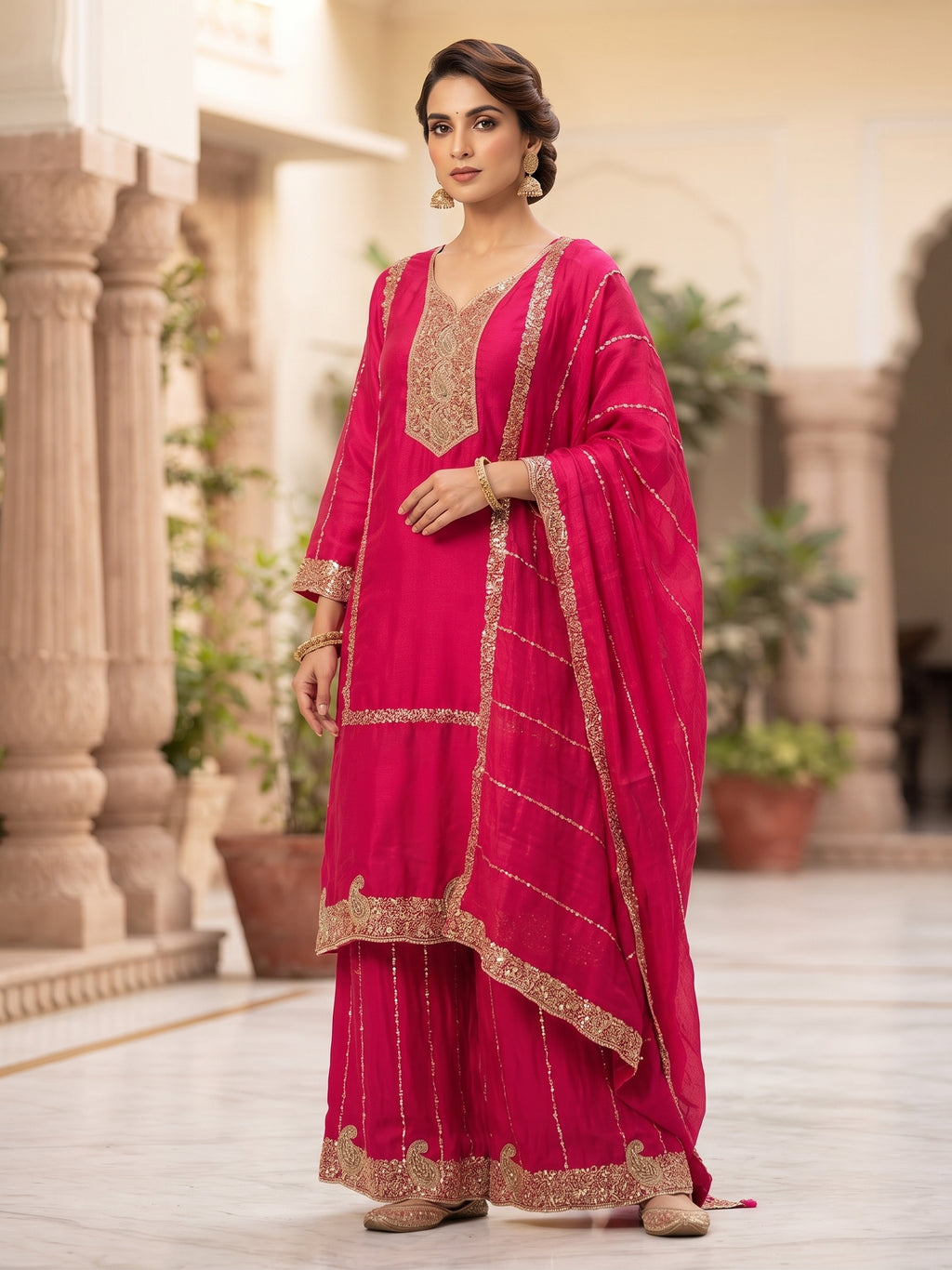 Pink Sequins Emdroidered Chinon Silk Short Kurti With  Palazzo and Dupatta