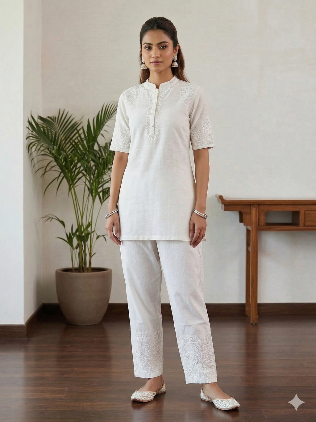 White Cotton Straight Streatchable  Pants With Embroidery Border