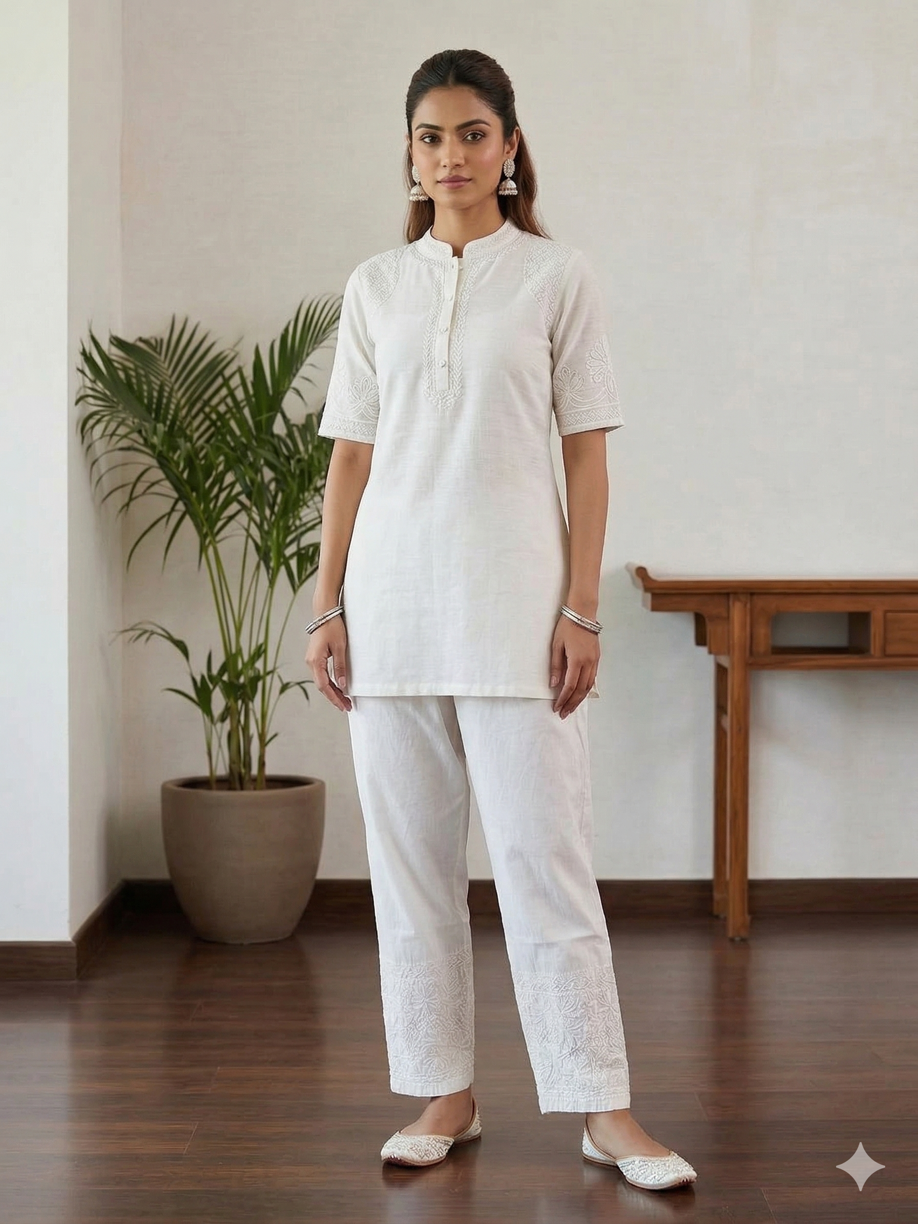 White Cotton Straight Streatchable  Pants With Embroidery Border