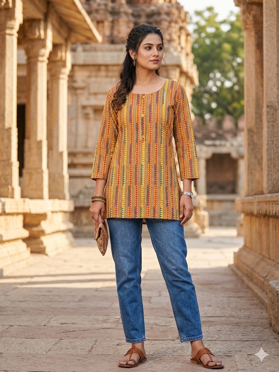 Multi Geometrical Printed Cotton Short Kurti Top