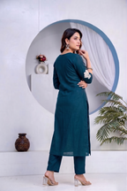 Teal Mirror & Embroidered Pure Cotton 3Pcs Kurti Set