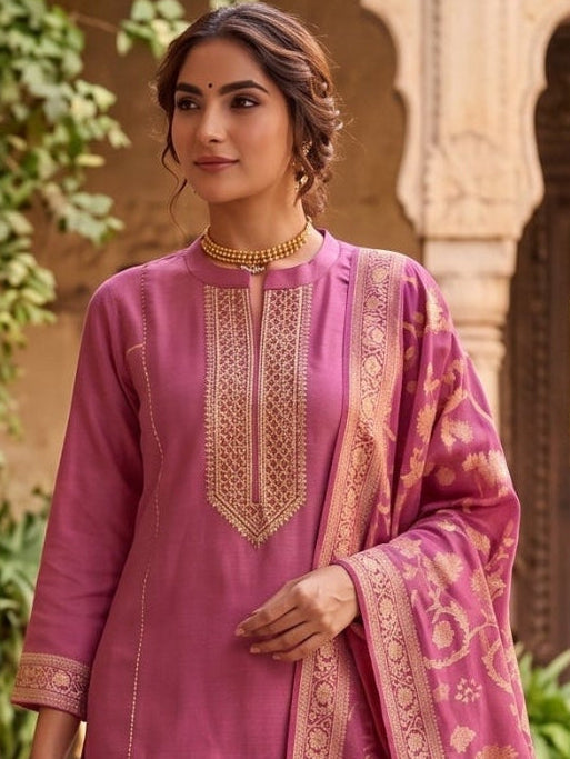 Mauve Chanderi Kurti Pants Set With Banarsi Dupatta