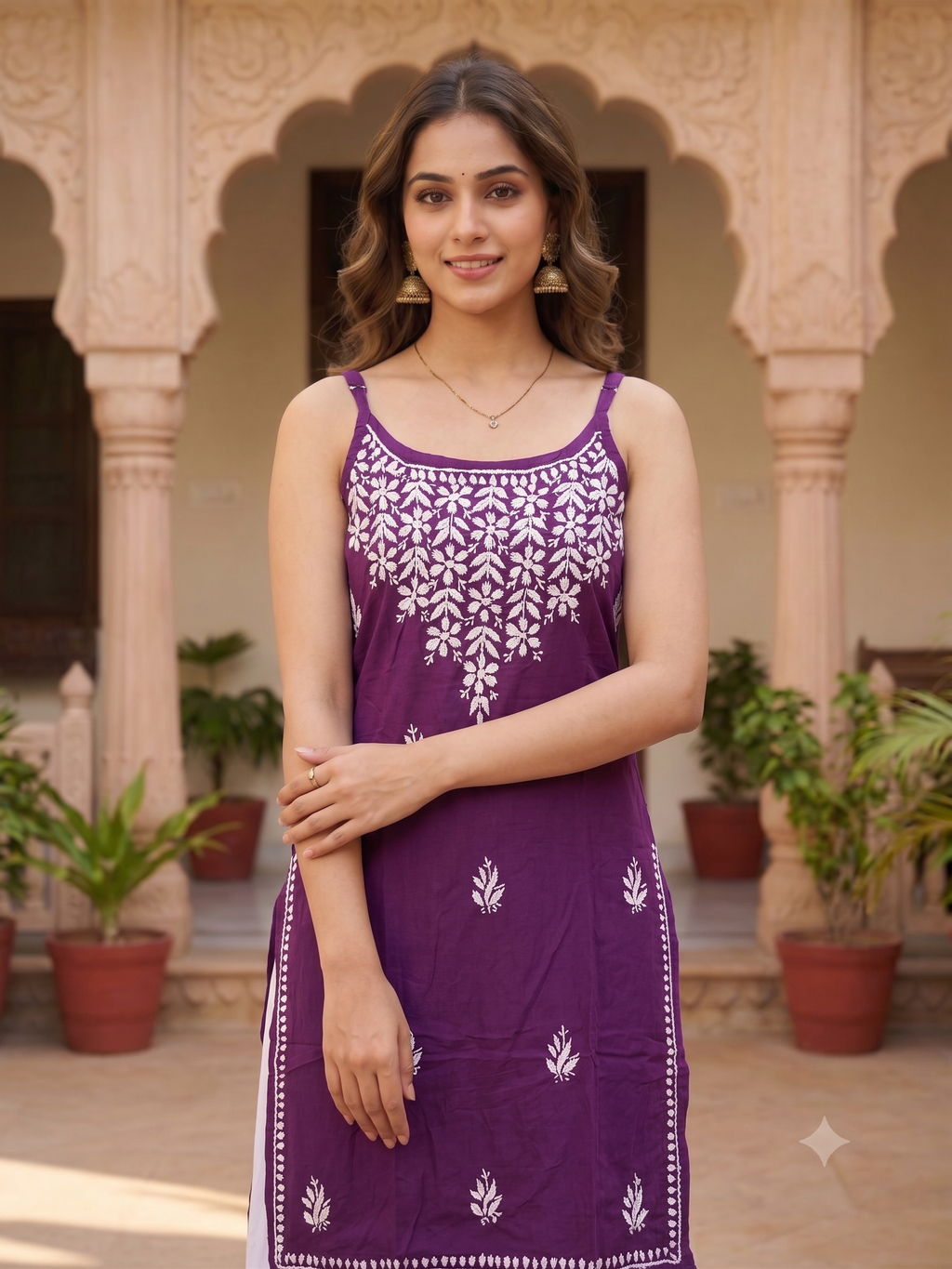 Rayon Chikankari Sleeveless Medium Length kurti Top
