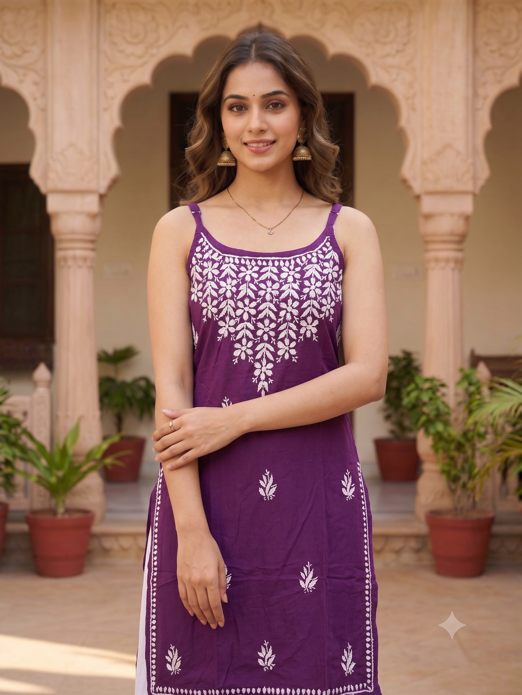 Rayon Chikankari Sleeveless Medium Length kurti Top