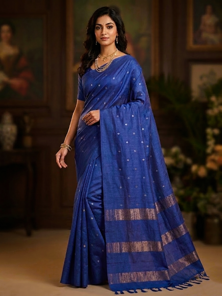 Tusser Mulberry Silk Handloom Saree with Silver & Gold  Zari weave