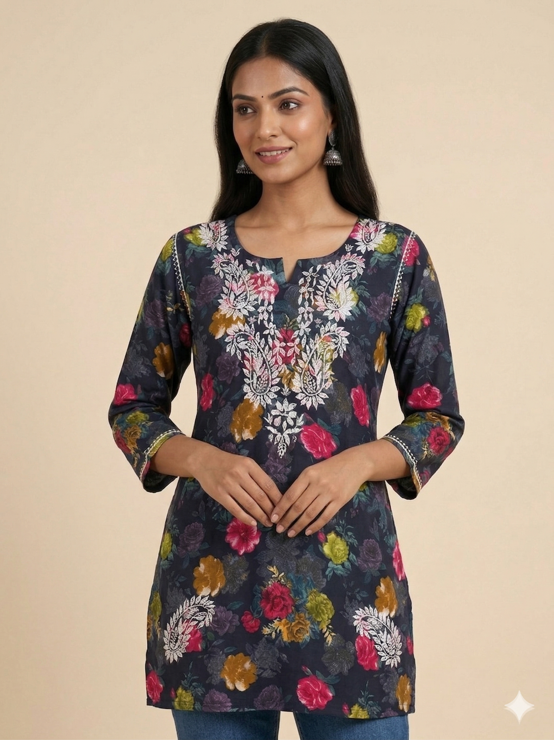 Lucknowi Chikankari Printed Rayon Short Kurti Top