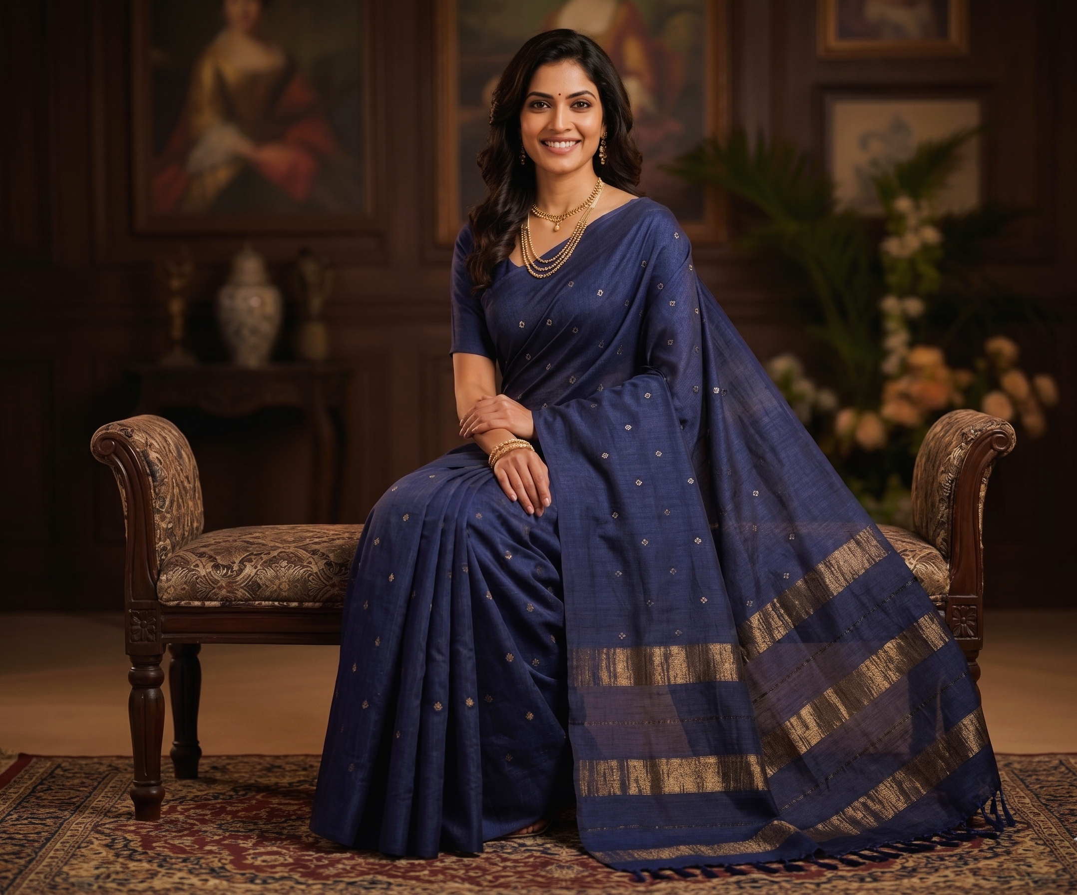 Tusser Mulberry Silk Handloom Saree with Silver & Gold  Zari weave