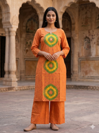 Orange Embroidered Cotton Kurti Palazzo Set