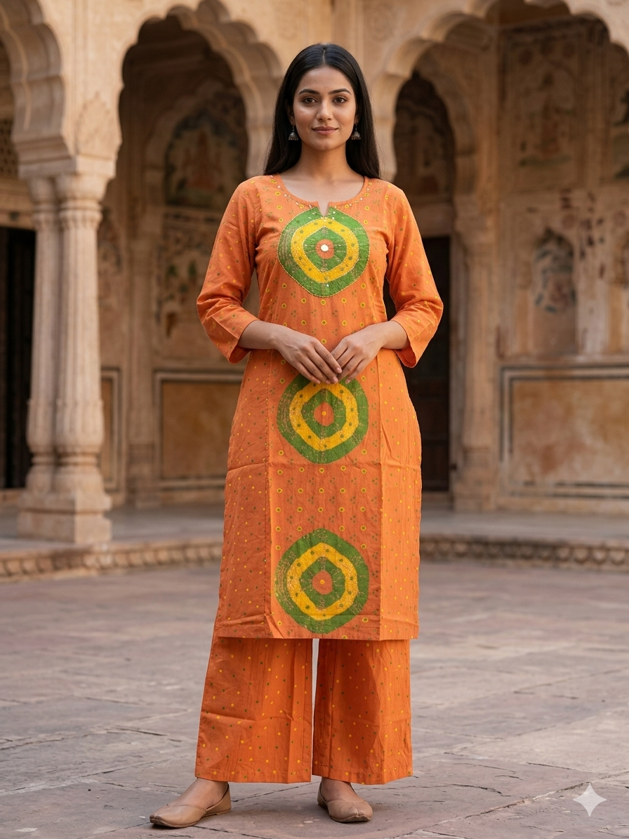 Orange Embroidered Cotton Kurti Palazzo Set