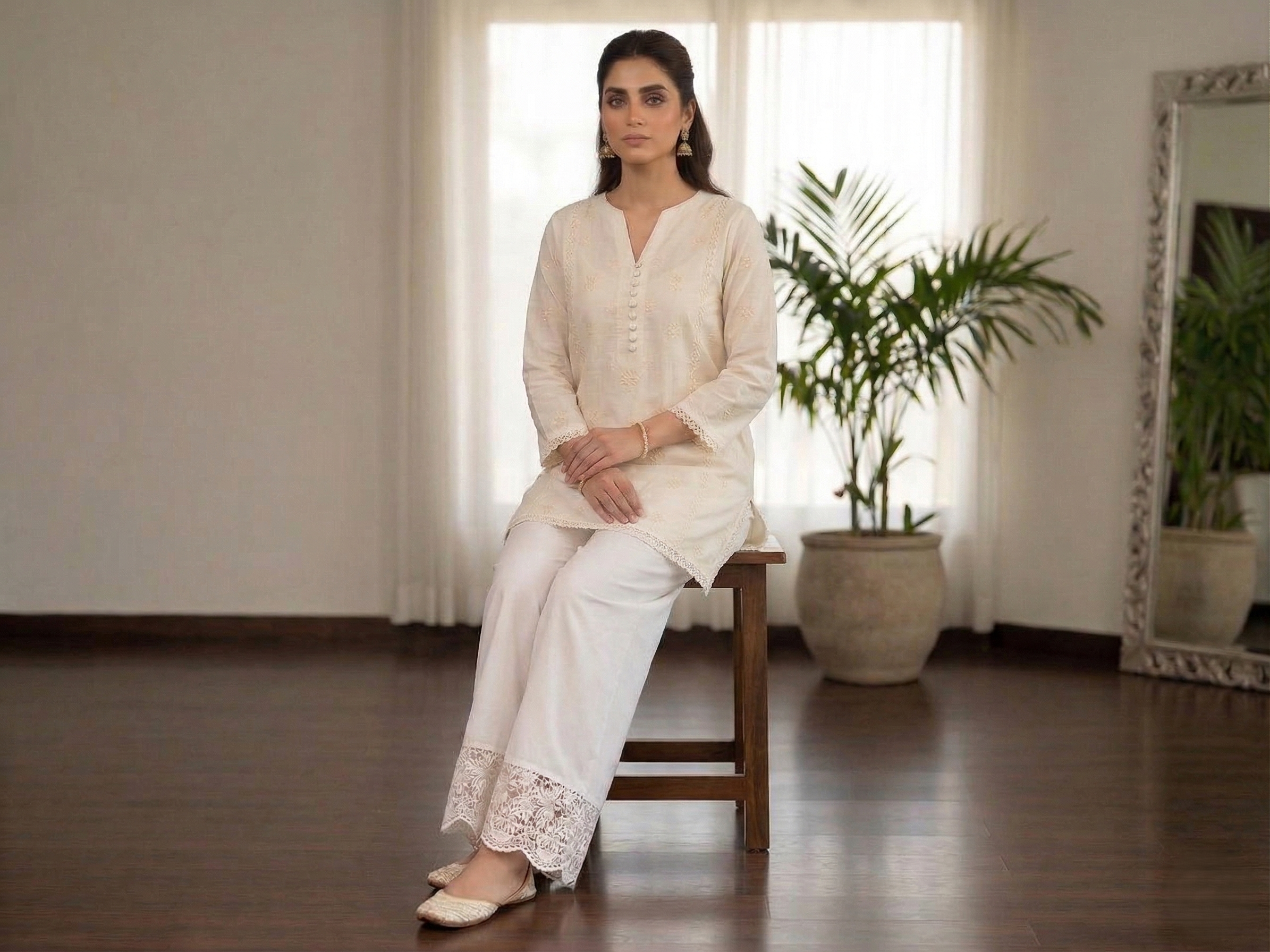White Cotton Straight Palazzo Pants With Lace Border