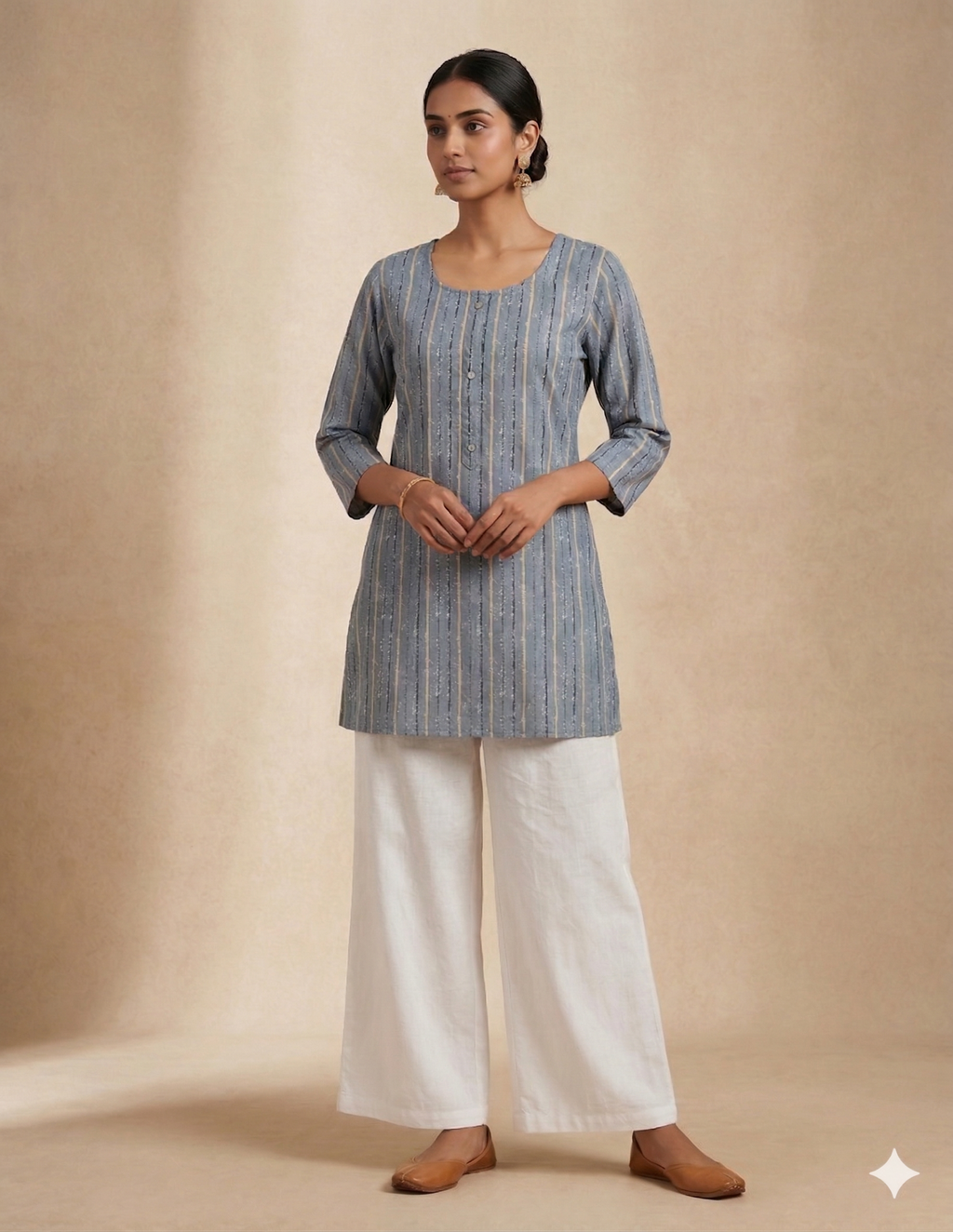 Grey & Black vertical Striped Cotton Short Kurti Top