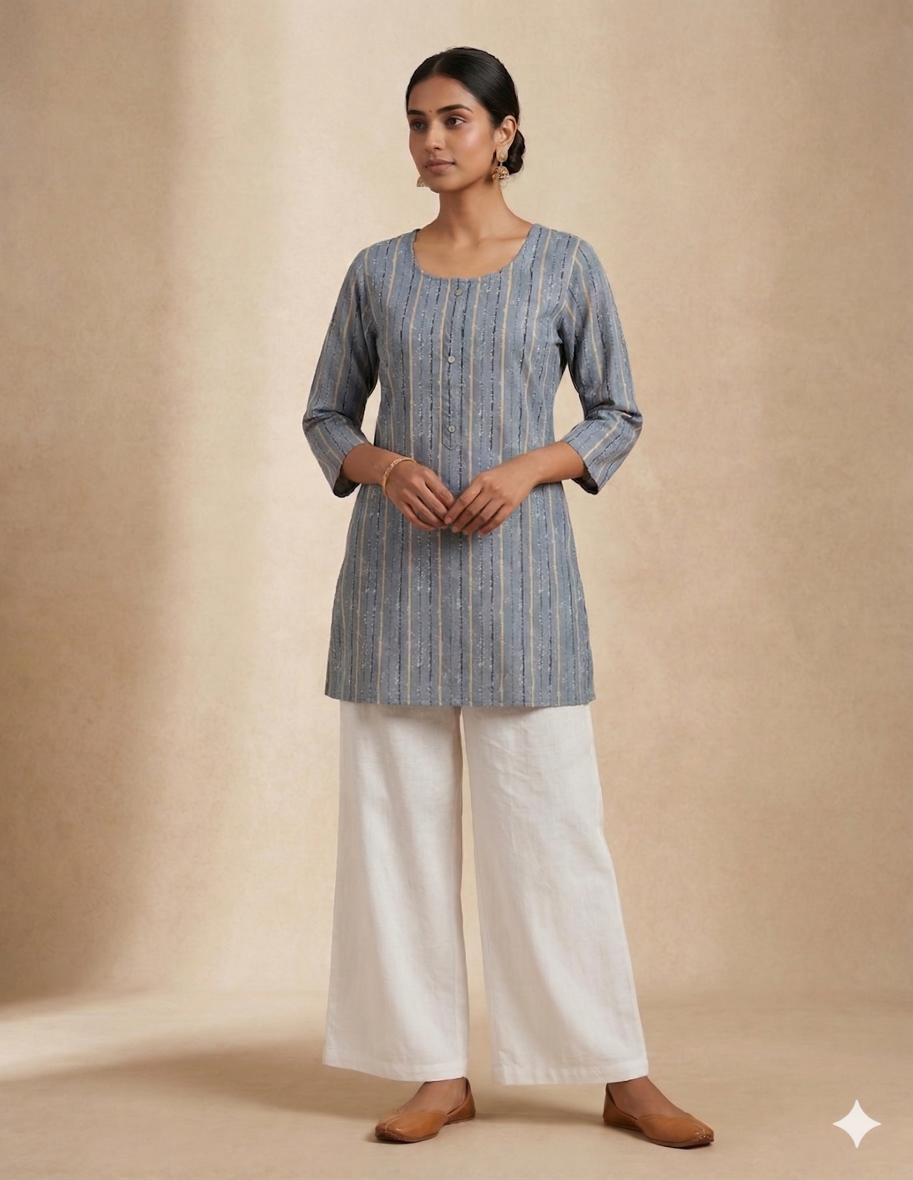 Grey & Black vertical Striped Cotton Short Kurti Top