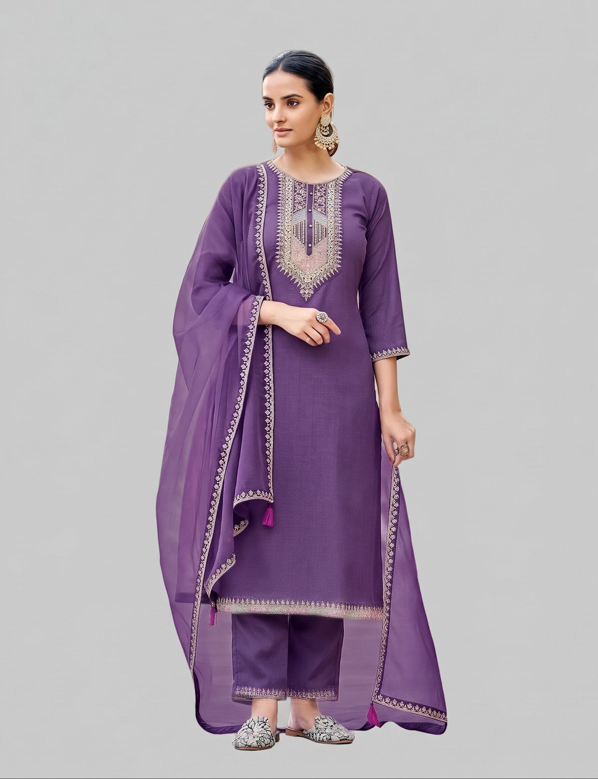 Solid Zari embroidered silk kurti set
