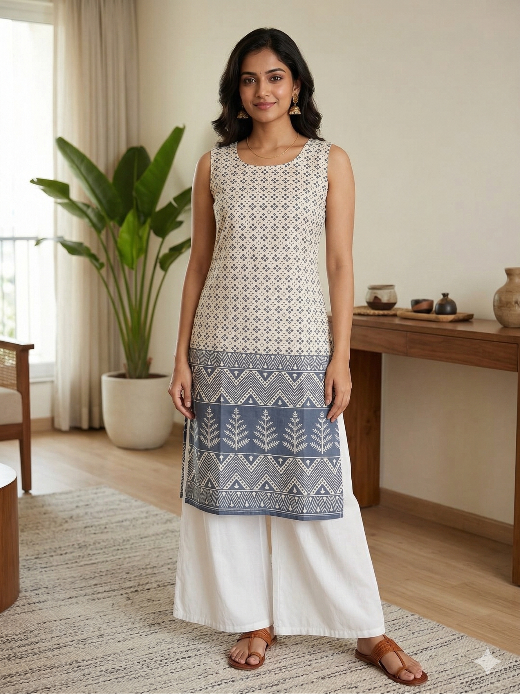 Whit Grey Soft cotton Printed Sleeveless Medium lenth Kurti Top ( Top Only)