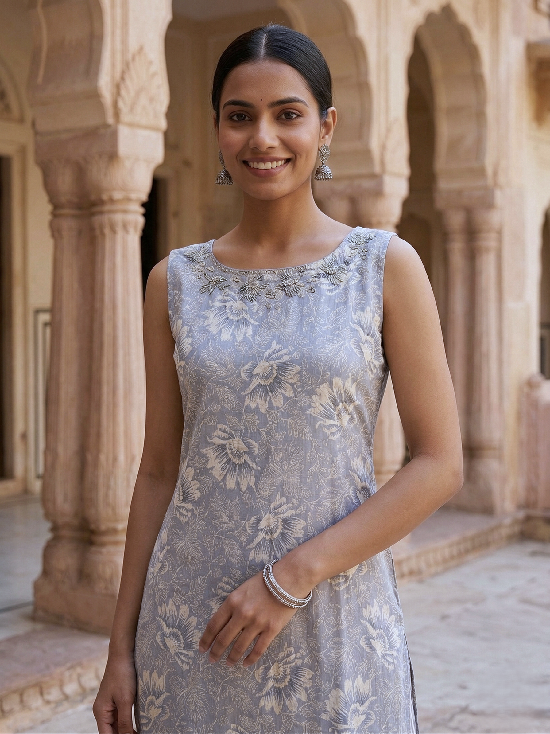 Bluish grey Embroidered Cotton Kurti Palazzo Set