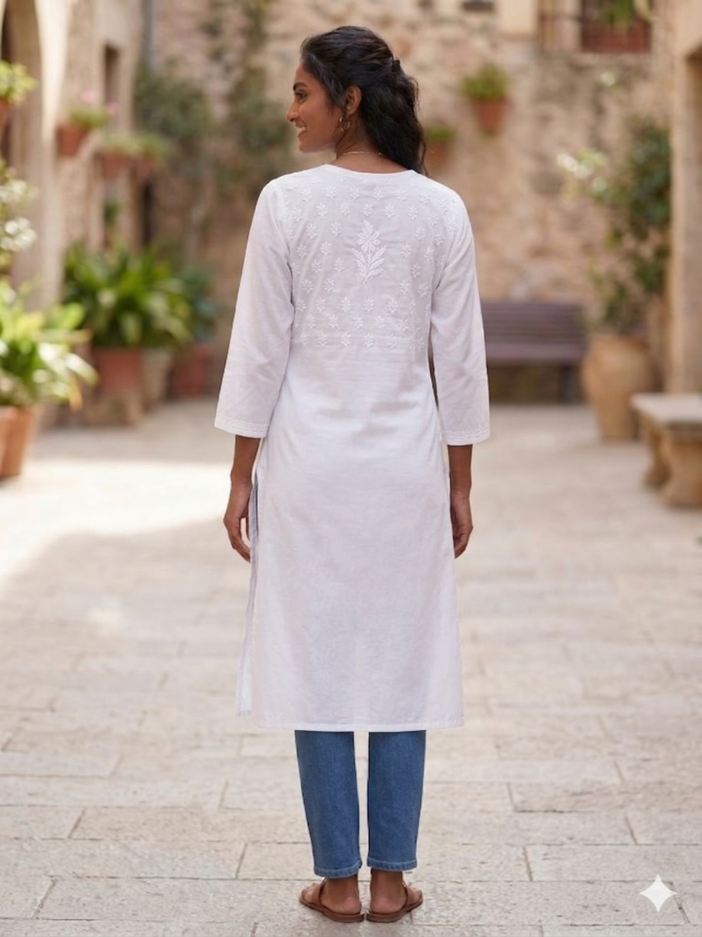 White cotton Angrakha Chikankari Kurti Top ( Top Only)