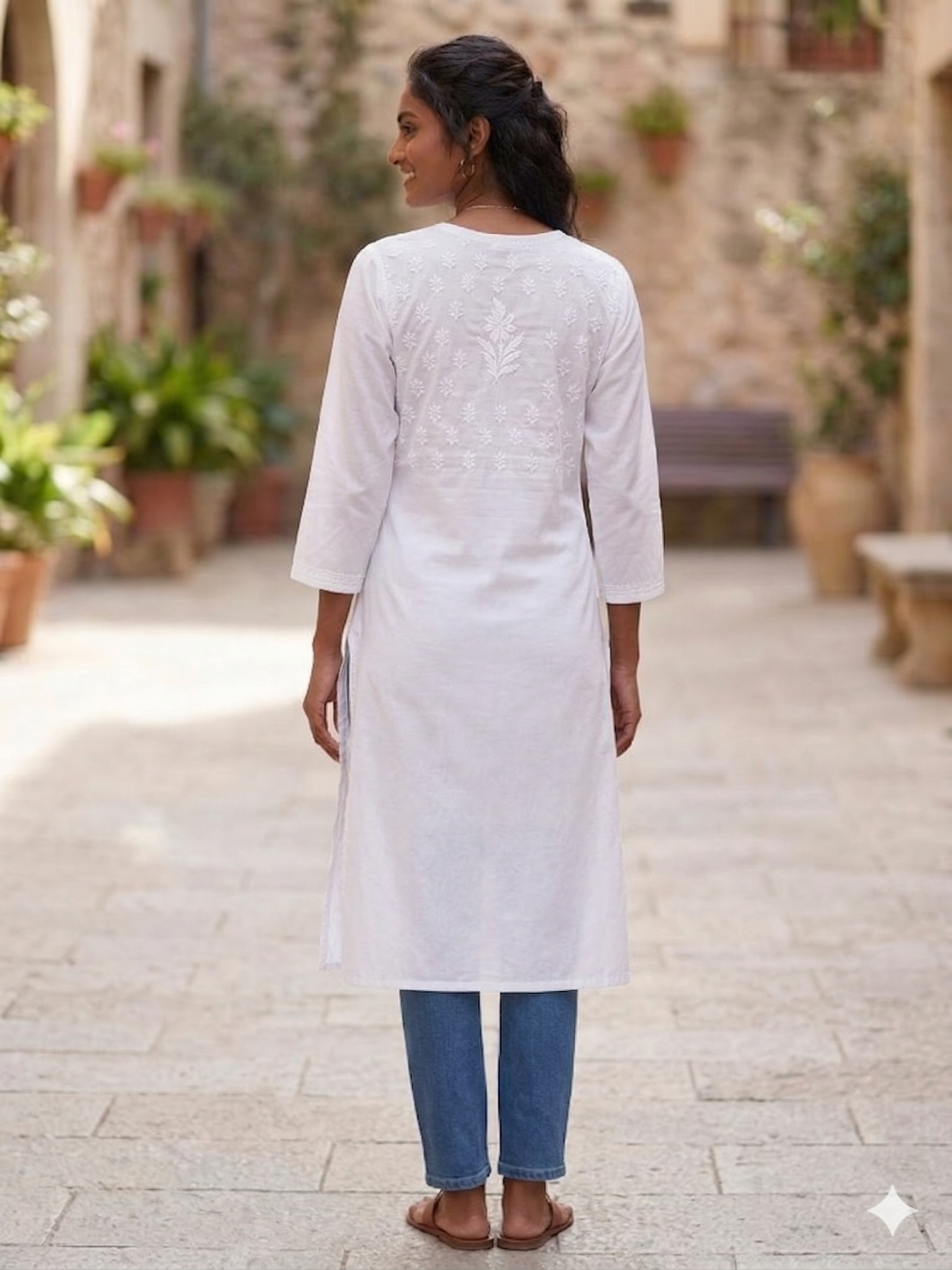White cotton Angrakha Chikankari Kurti Top ( Top Only)