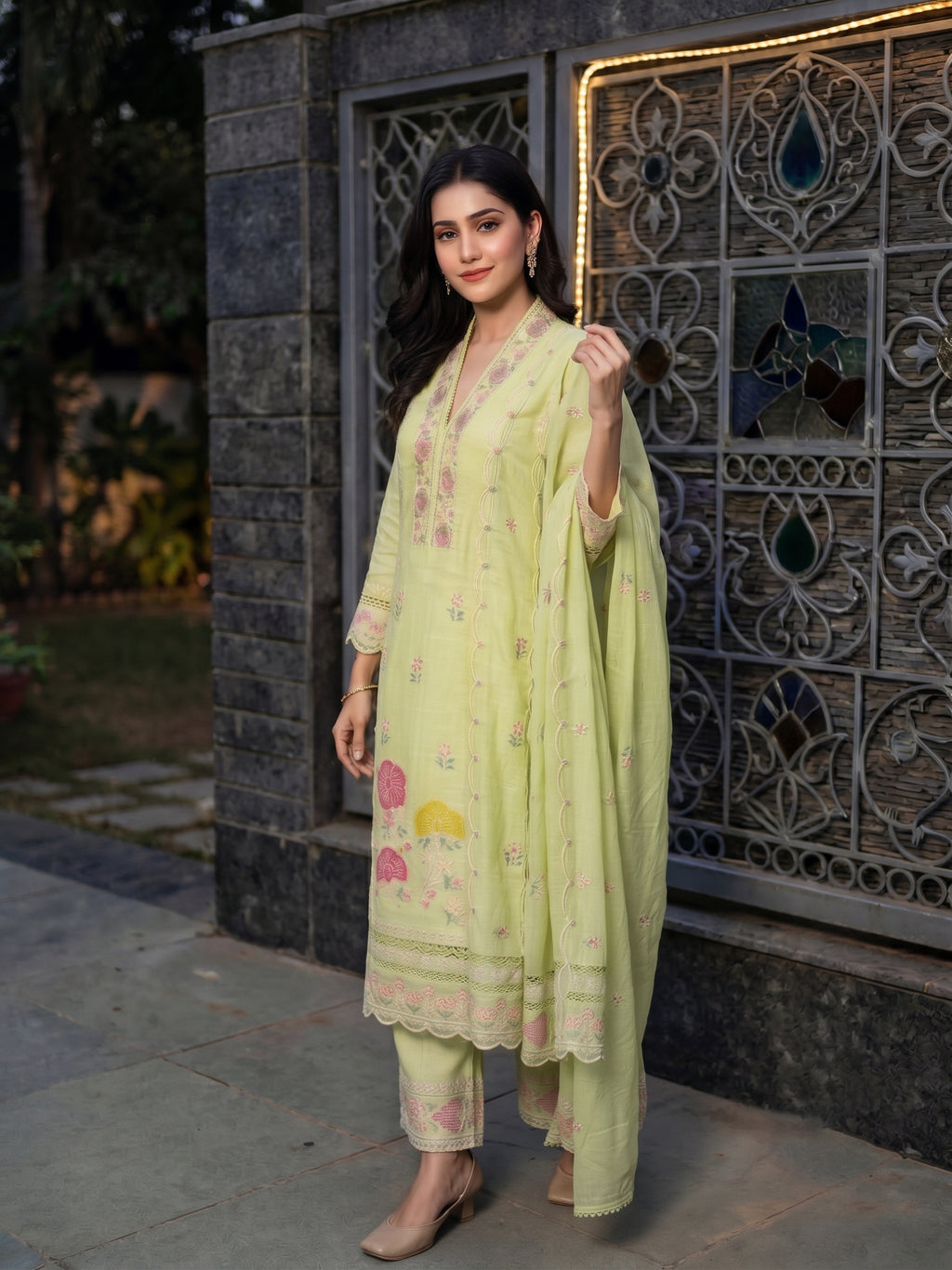 Heavy Embroidered Mul Cotton Kurti With Palazzo and Dupatta