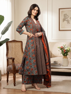 Teal Printed Sequins Embroidered Pure Cotton 3Pcs Kurti Set