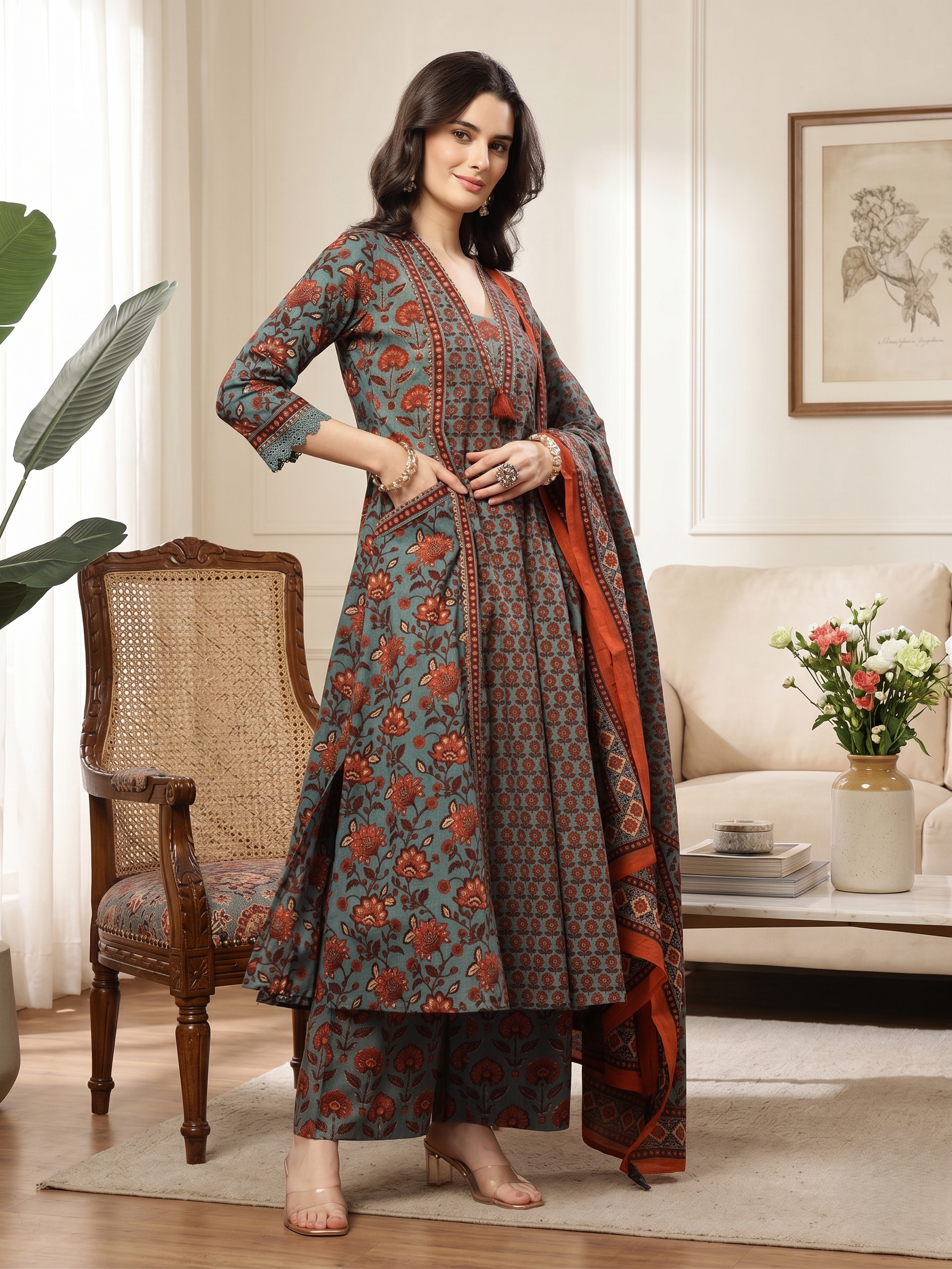 Teal Printed Sequins Embroidered Pure Cotton 3Pcs Kurti Set