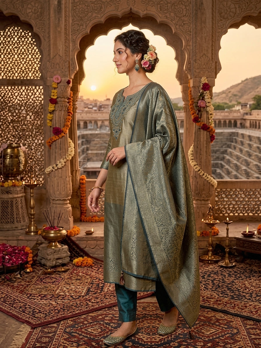 Kanjeevarm Jaquard With Embroidery Kurti Pants Dupatta Set
