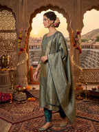 Kanjeevarm Jaquard With Embroidery Kurti Pants Dupatta Set