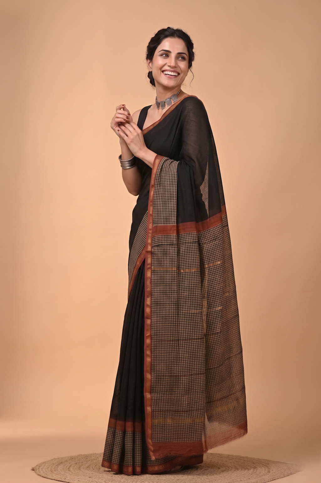 Black Hand Block Printed Pure Chanderi  Saree