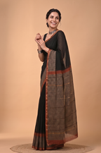 Black Hand Block Printed Pure Chanderi  Saree