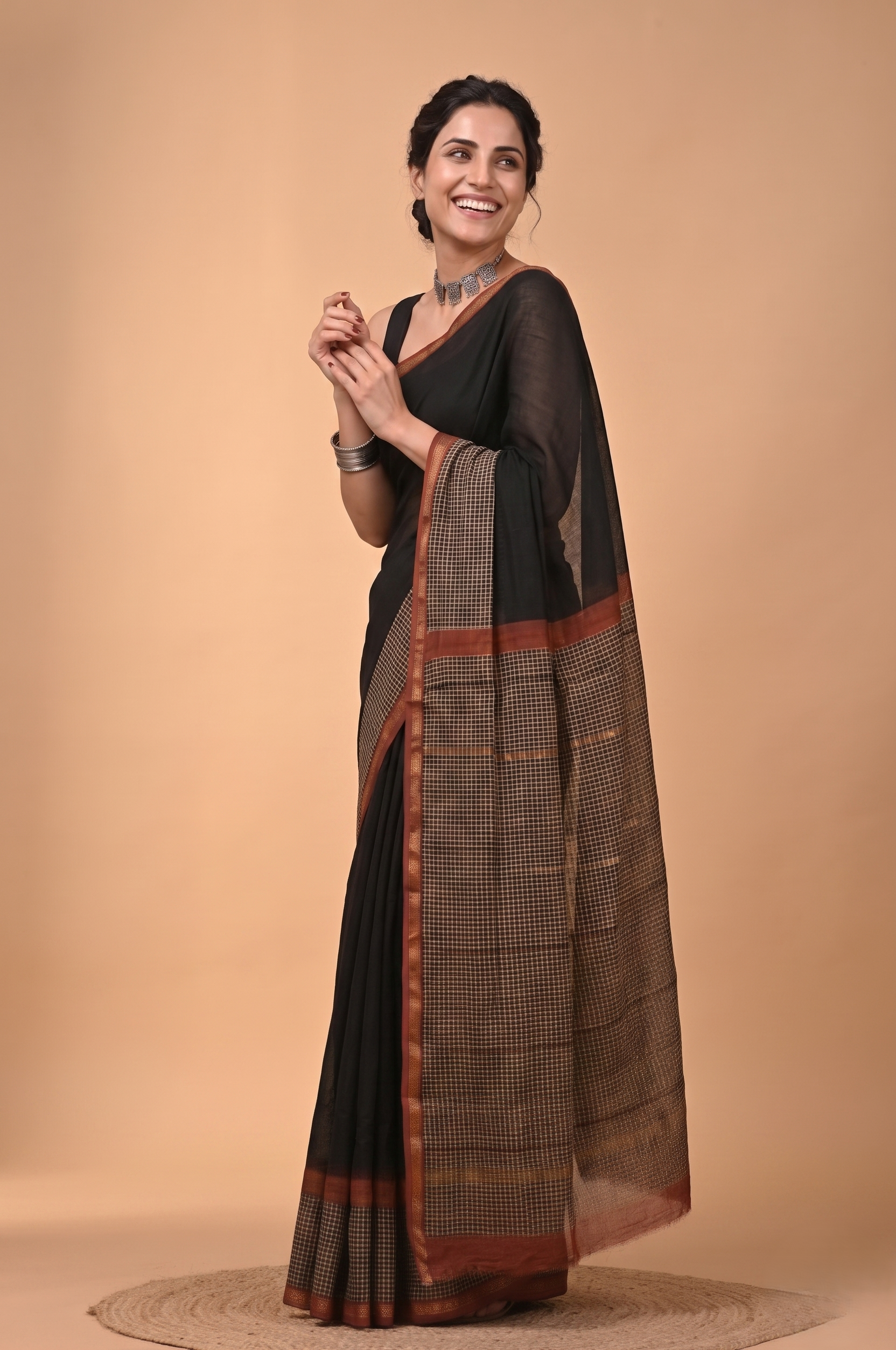 Black Hand Block Printed Pure Chanderi  Saree