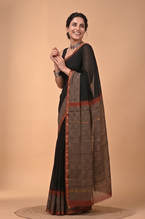 Black Hand Block Printed Pure Chanderi  Saree