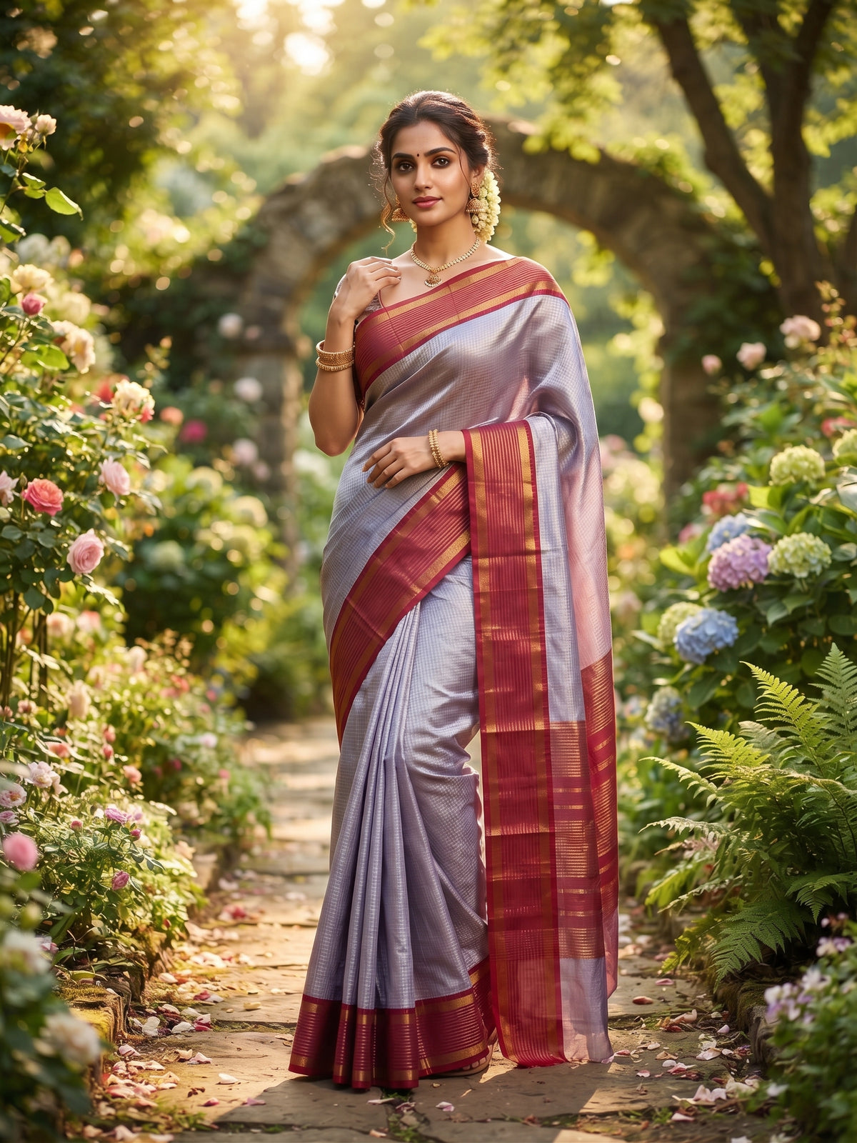 Micro Checkered Two Toned Soft Silk Sree With Contrast Border
