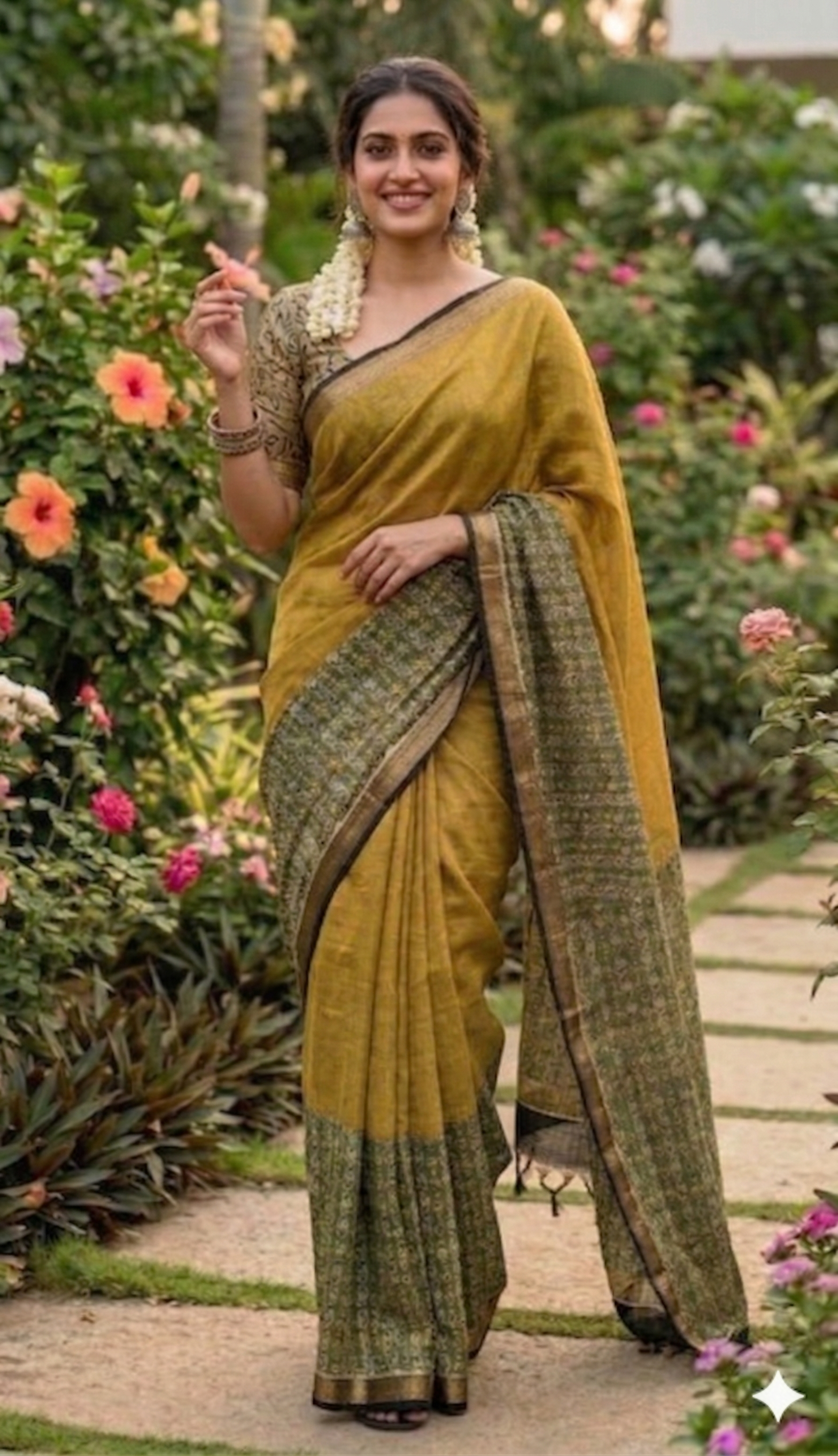 Green & Yellow Hand Block Printed  Pure Maheswari Silk Saree