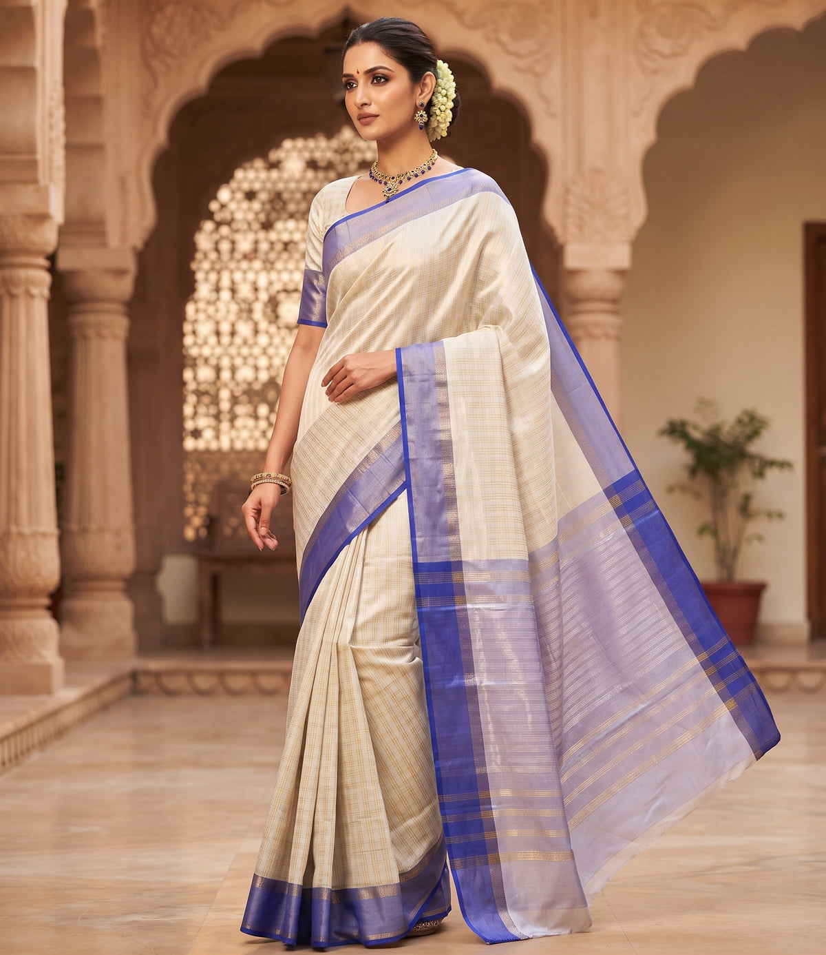Golden Checkered  Soft Silk Sree With Contrast Border