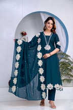 Teal Mirror & Embroidered Pure Cotton 3Pcs Kurti Set