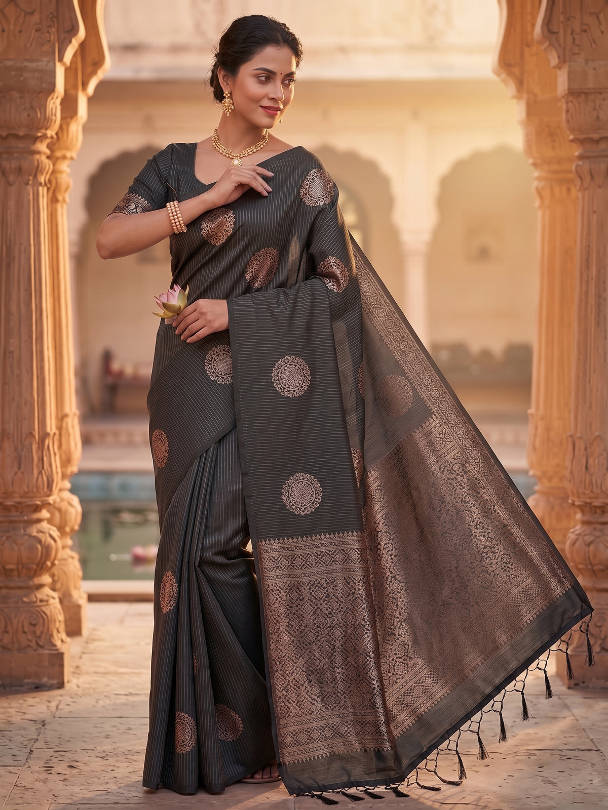 Striped Two toned Solid Soft Silk Saree With Zari woven Motifs & Pallu