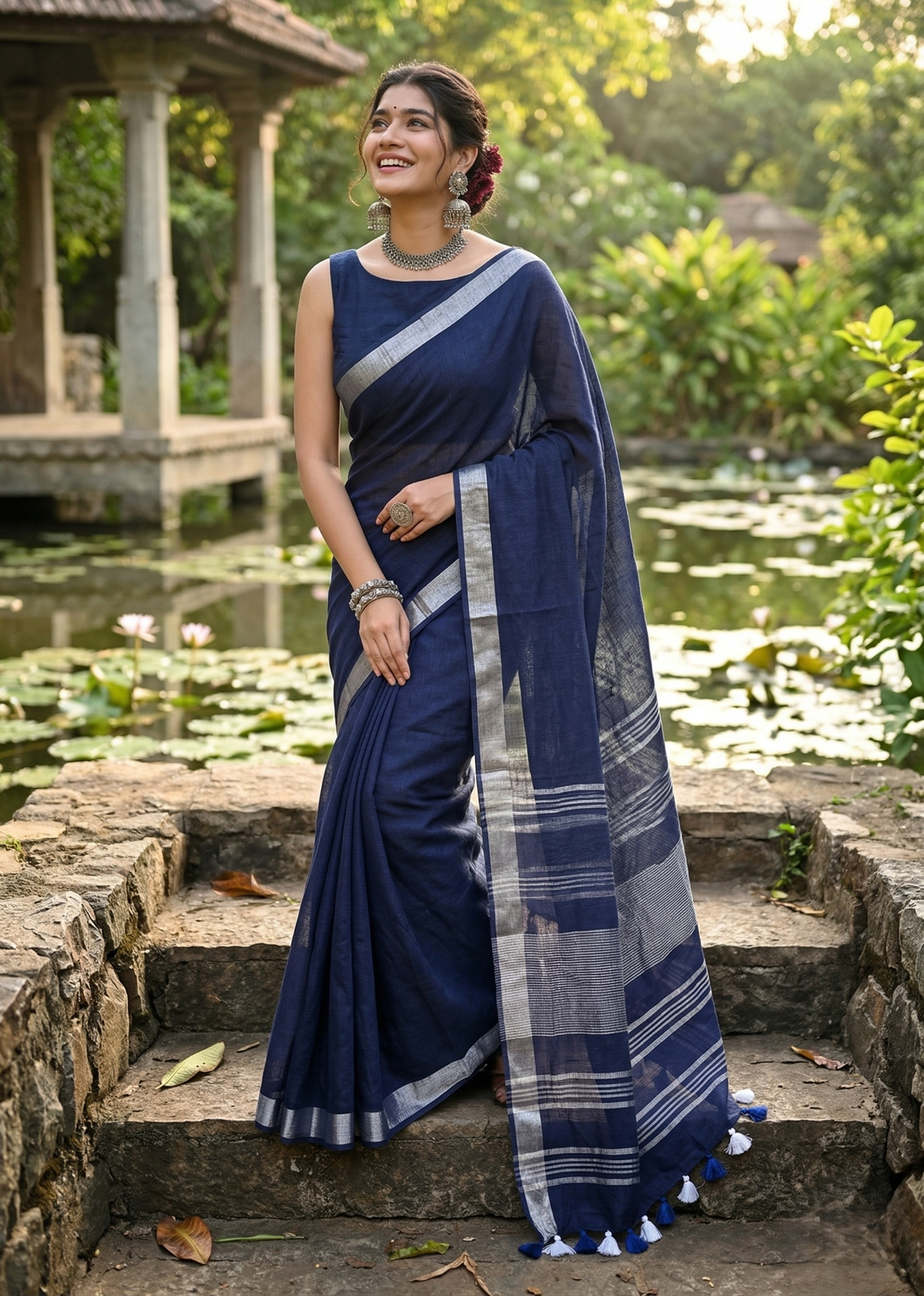 Navy Blue Linen Saree With Silver Border & Blue and white Tassels