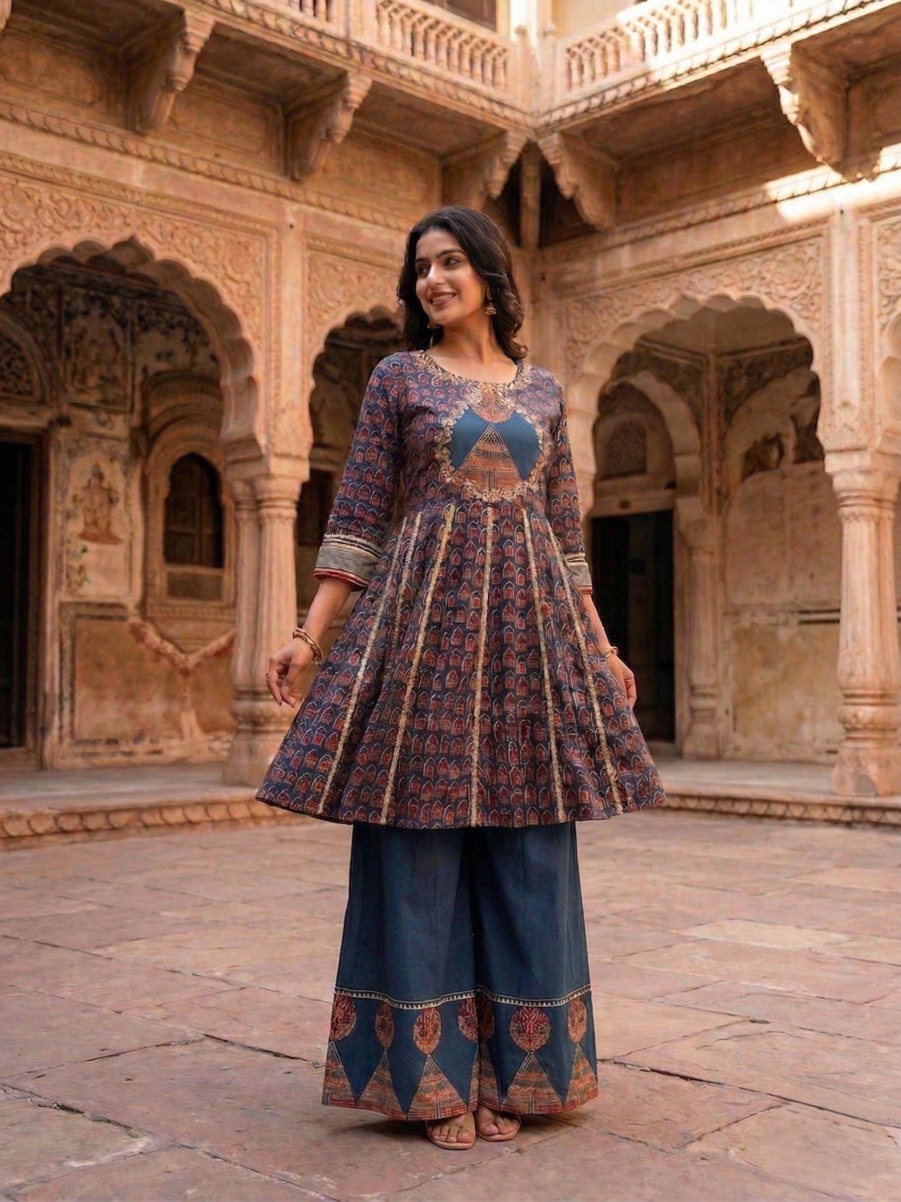 Pure cotton Medium Length Anarkali Kurti With Wide Leg Palazzo